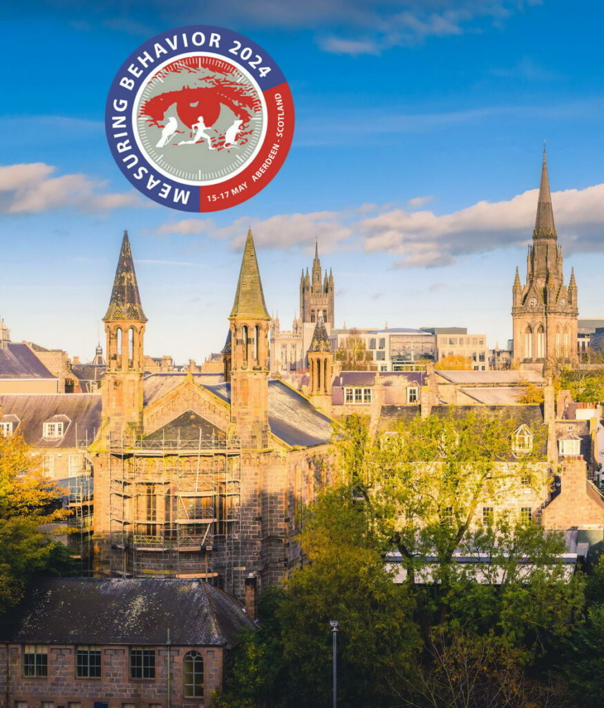 Spires of Aberdeen from Union Terrace with MB logo
